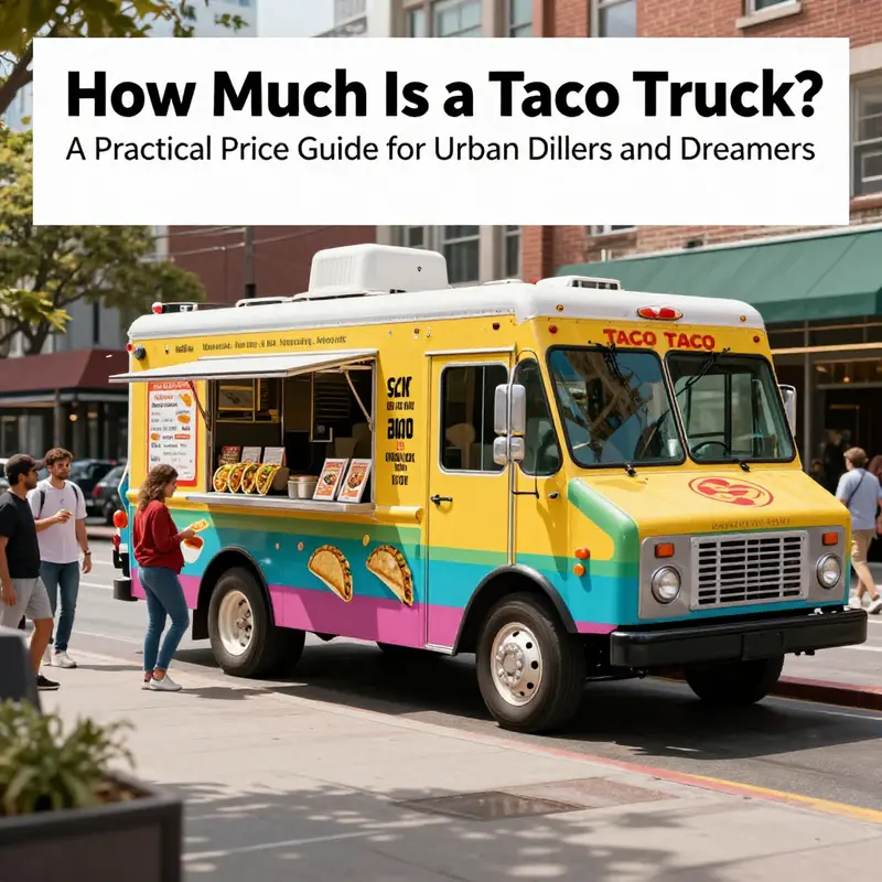 Colorful taco truck on a city street with price cues and a lively crowd.