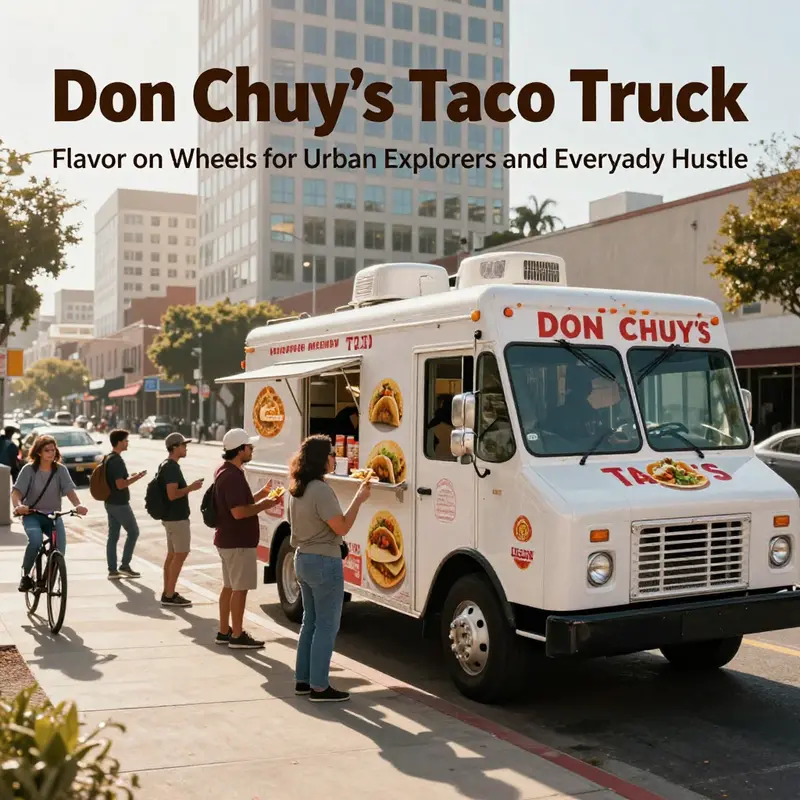 A photo-realistic cover image of Don Chuy's Taco Truck serving a diverse crowd of urban commuters on a sunny street.