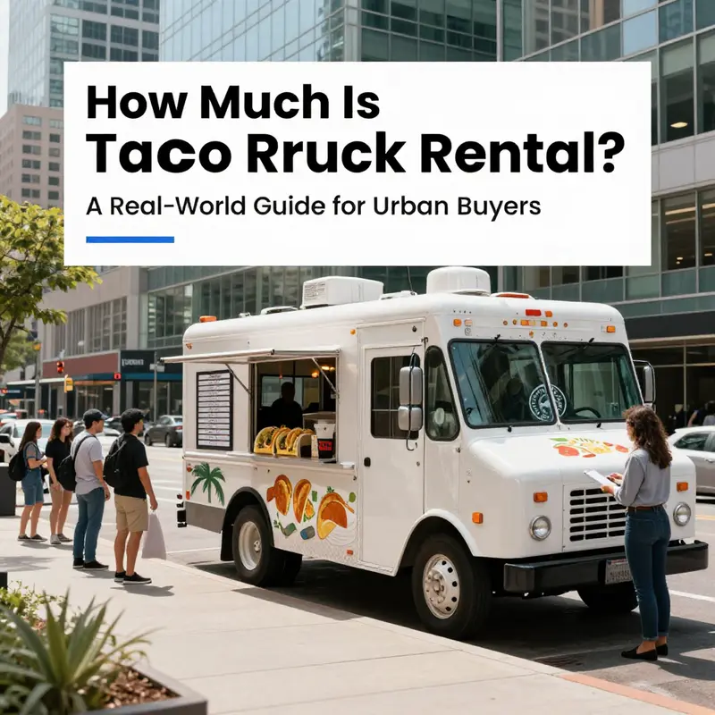 Urban street with a taco truck and price board in daylight.