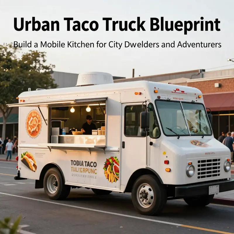 Photo-realistic cover image of a taco truck on a city street with visible kitchen activity and branding.