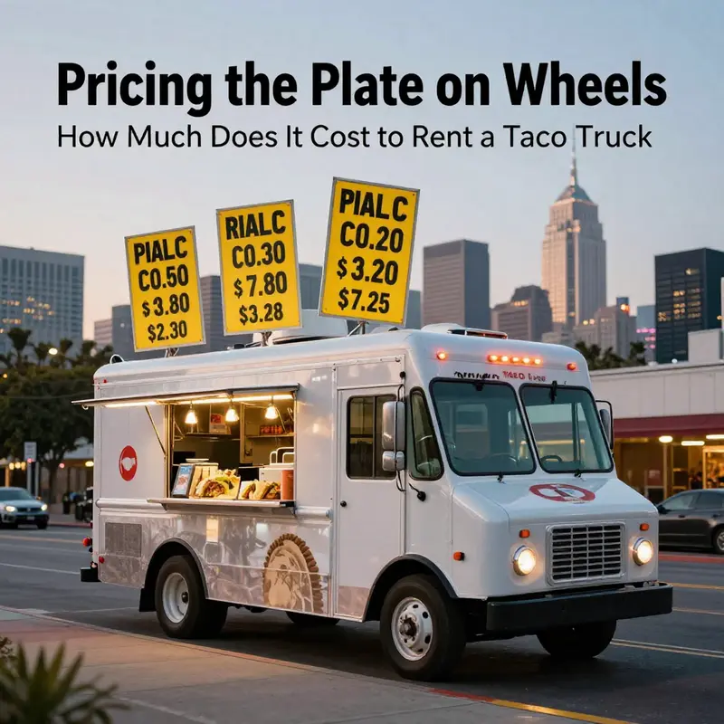 Photorealistic image of a taco truck on a city street with price tags illustrating rental costs.