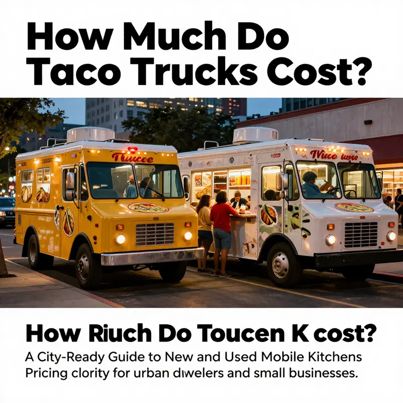 Photorealistic cover image of new and used taco trucks in an urban street setting at dusk.