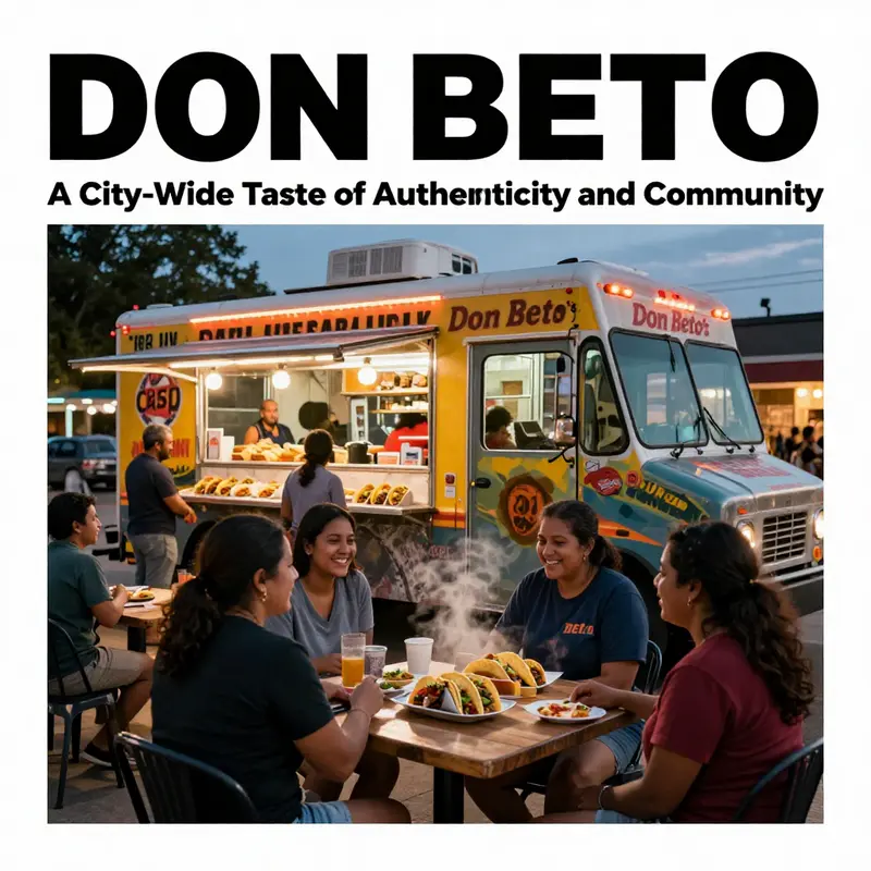Austin street scene with Don Beto Taco Truck and a lively queue of diverse customers.