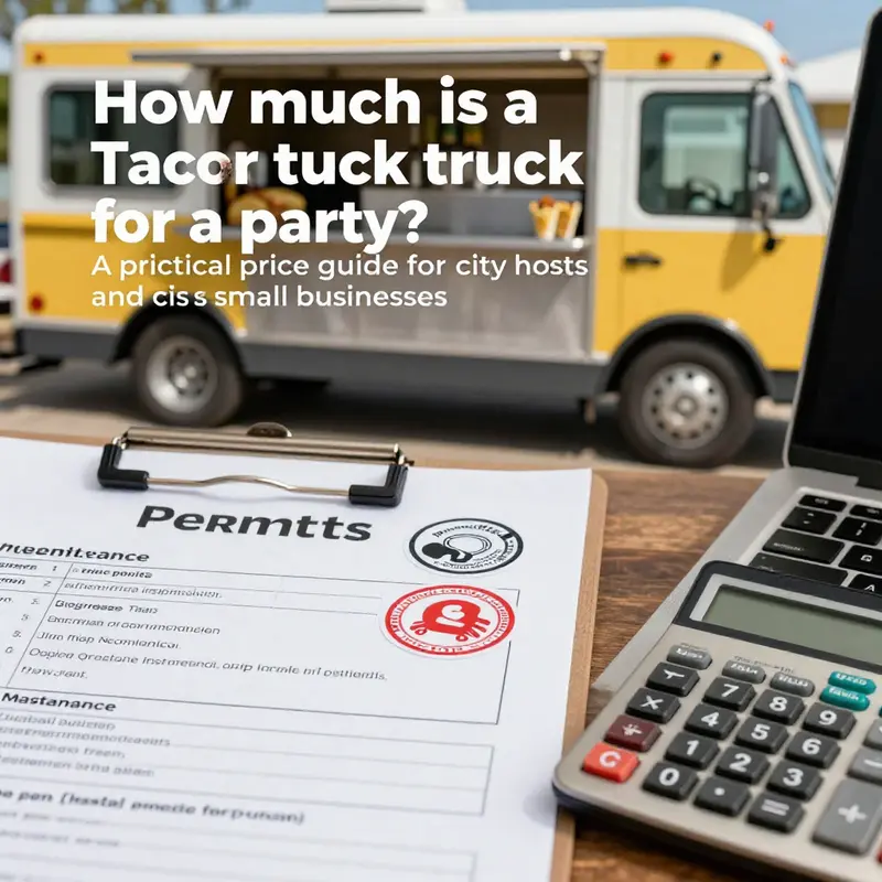 New, used, and rental taco trucks lined up at a city event, illustrating price ranges for party catering.