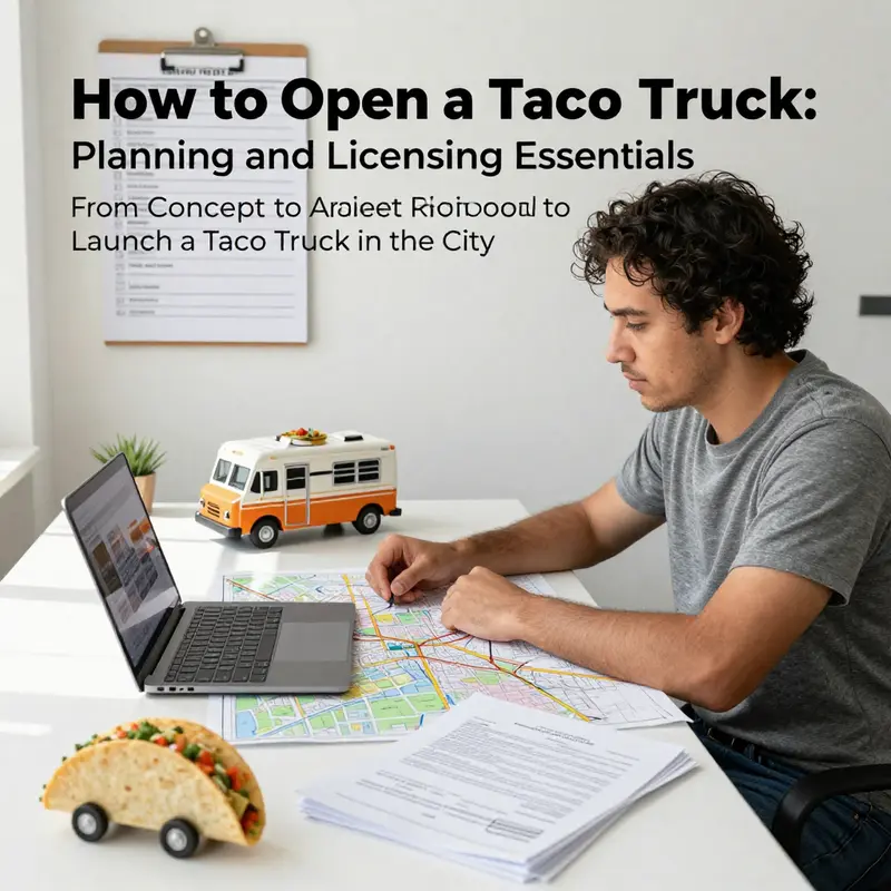 A planning session for launching a taco truck, with permits, business plan, and location strategy on display.