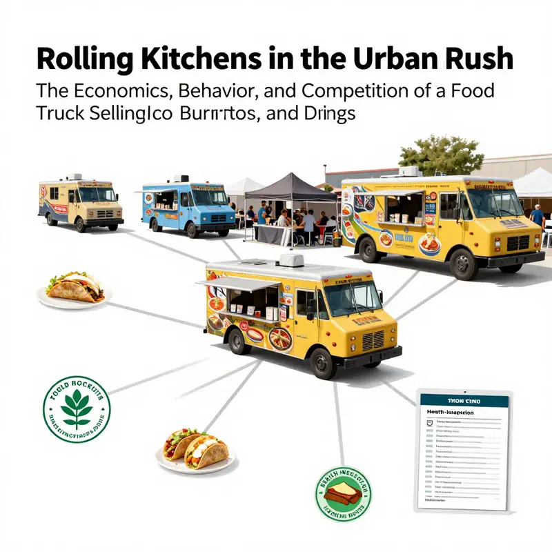 Chapter 1 illustration: an urban food truck serving tacos, burritos, and drinks, highlighting economics and day-to-day operations.
