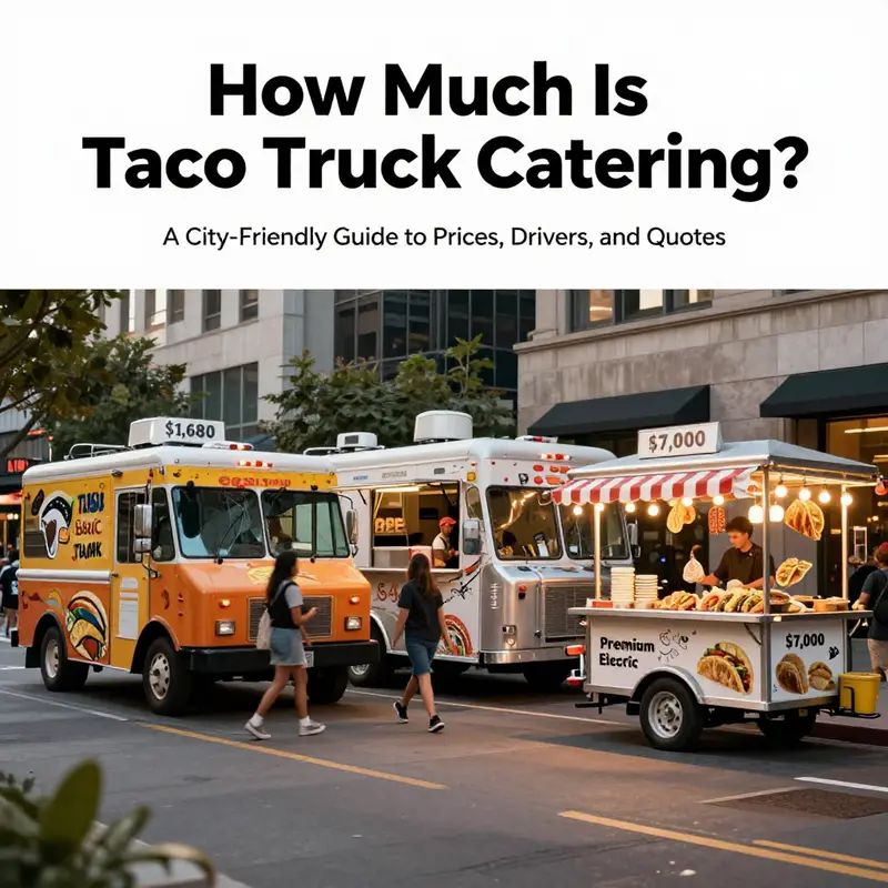 City street with three taco trucks and visible price bands indicating market pricing.