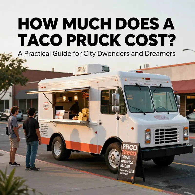 Photorealistic cover image of a city taco truck at dusk with cost-conscious features.