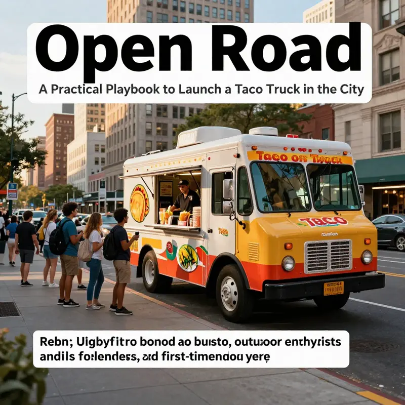 Photo-realistic taco truck serving urban commuters on a busy city street at sunset.