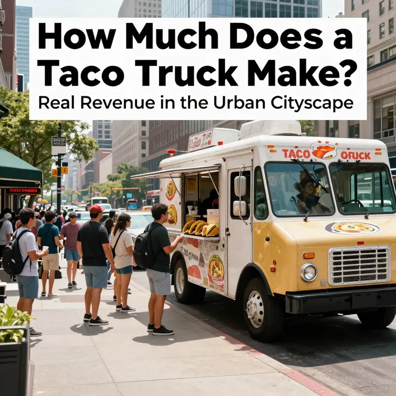 Photo-realistic street scene showing a taco truck serving a line of urban commuters with a city skyline in the background.