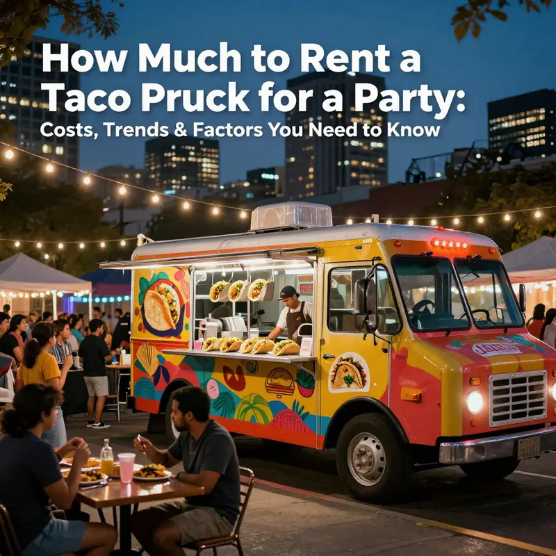 Taco truck at an urban night event with guests enjoying tacos under string lights.