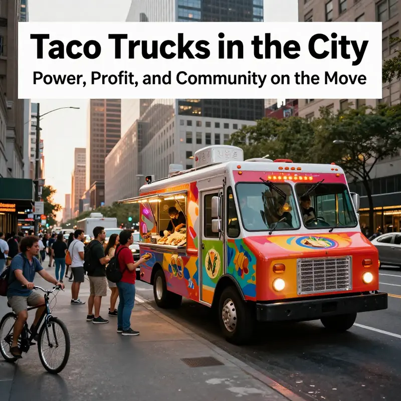 A photo-realistic cover image of a taco truck serving a diverse urban crowd with a city skyline in the background.