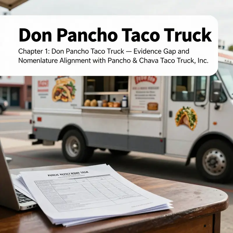 Public-record gaps surround the Don Pancho Taco Truck name, while a nearby desk with registration documents hints at nomenclature alignment with Pancho & Chava Taco Truck, Inc.