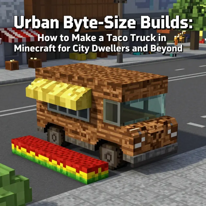 Initial taco truck footprint and street-ready base design set against an urban Minecraft backdrop.