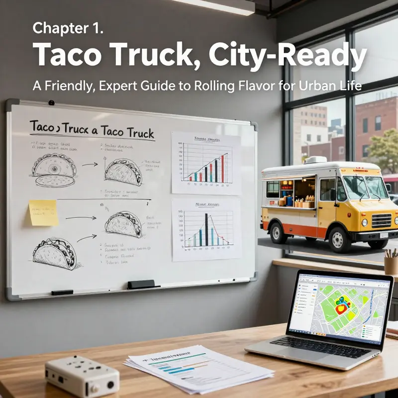 A strategic planning setup that connects concept, audience, and financials for a city-focused taco truck.