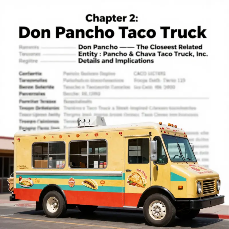 Public-record gaps surround the Don Pancho Taco Truck name, while a nearby desk with registration documents hints at nomenclature alignment with Pancho & Chava Taco Truck, Inc.