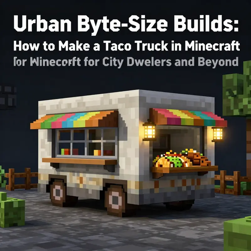 Initial taco truck footprint and street-ready base design set against an urban Minecraft backdrop.