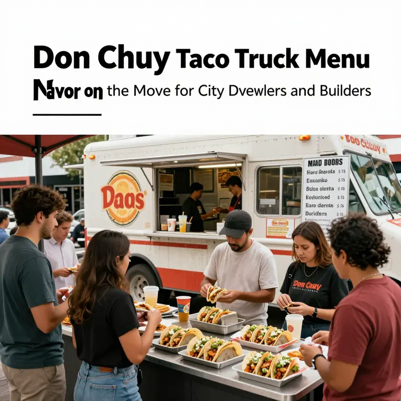 A street-side taco truck shows a diverse menu, illustrating Don Chuy’s offering structure.