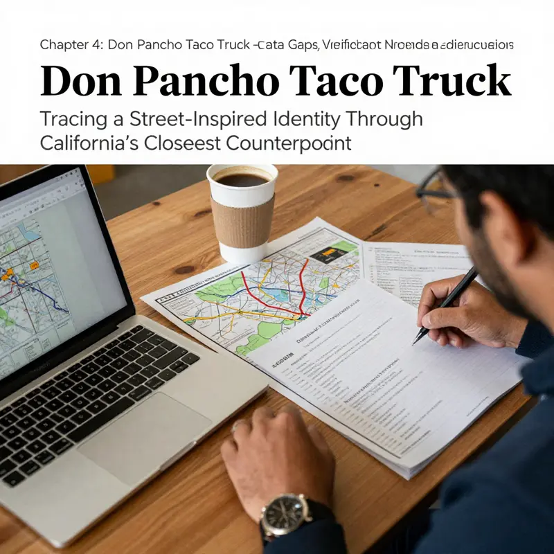 Public-record gaps surround the Don Pancho Taco Truck name, while a nearby desk with registration documents hints at nomenclature alignment with Pancho & Chava Taco Truck, Inc.