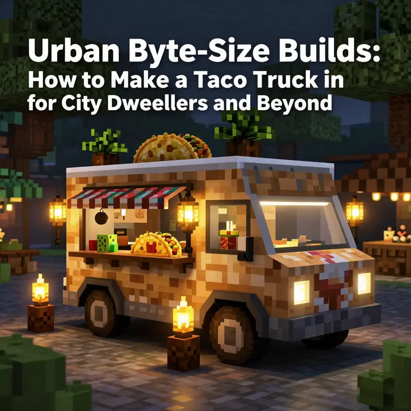 Initial taco truck footprint and street-ready base design set against an urban Minecraft backdrop.