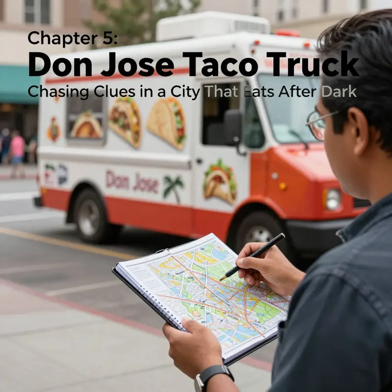 An urban street scene highlighting information gaps around Don Jose Taco Truck.