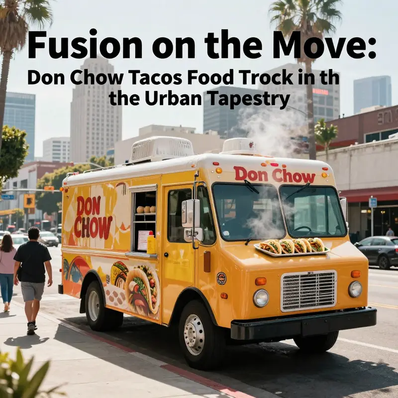 A vibrant Don Chow Tacos truck serving fusion tacos to a diverse urban crowd in Los Angeles.