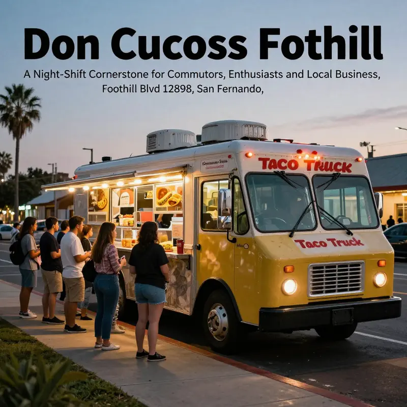 A street-side night scene featuring the Don Cucos Taco Truck Foothill with city surroundings.