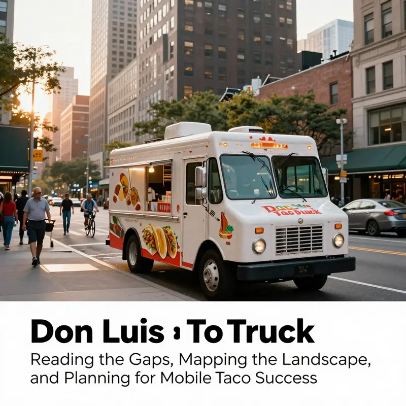 A Don Luis Taco Truck parked on a busy city street during golden hour, with people passing by and a skyline backdrop.