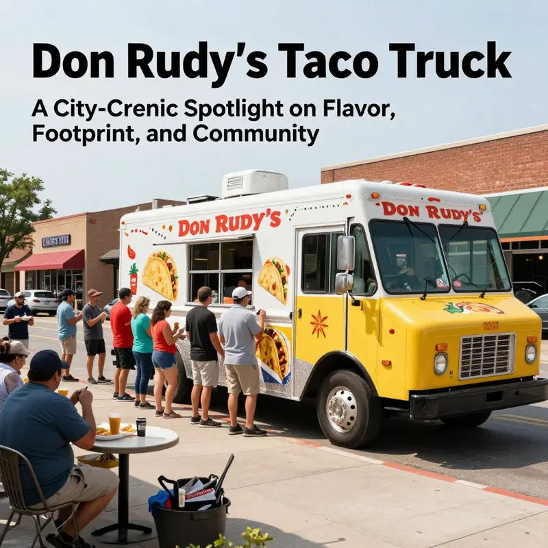 Wide street-facing image of Don Rudy's Taco Truck serving a line of customers in Kansas City.
