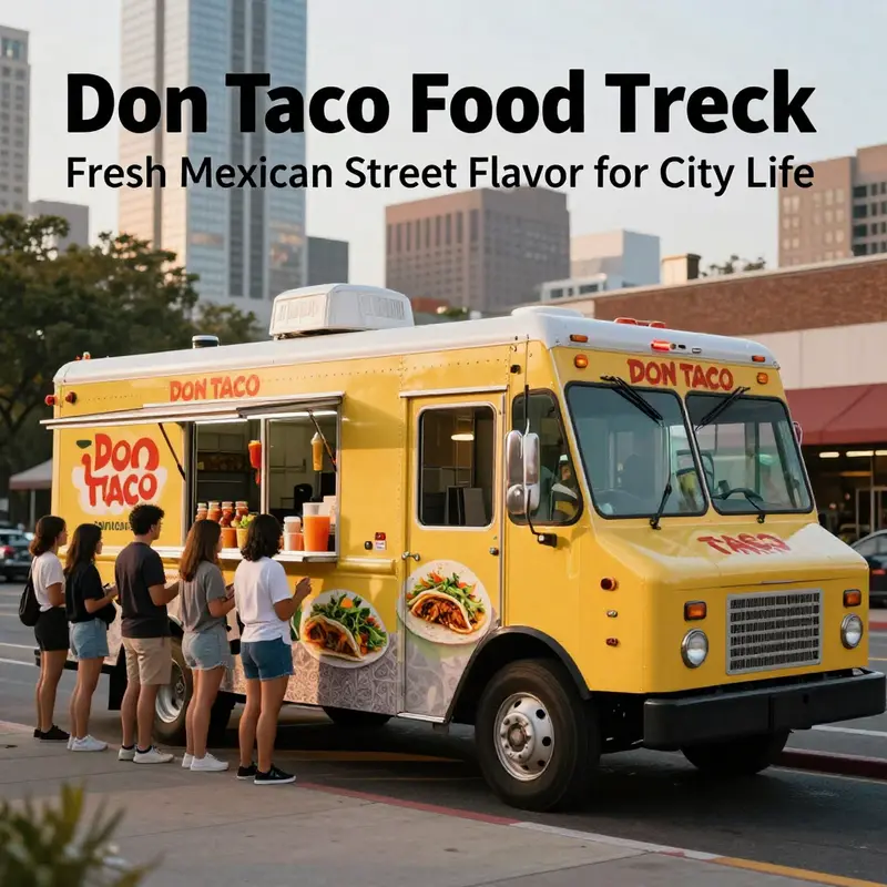 A Don Taco food truck at golden hour with a lively line of customers and a backdrop of an urban skyline.