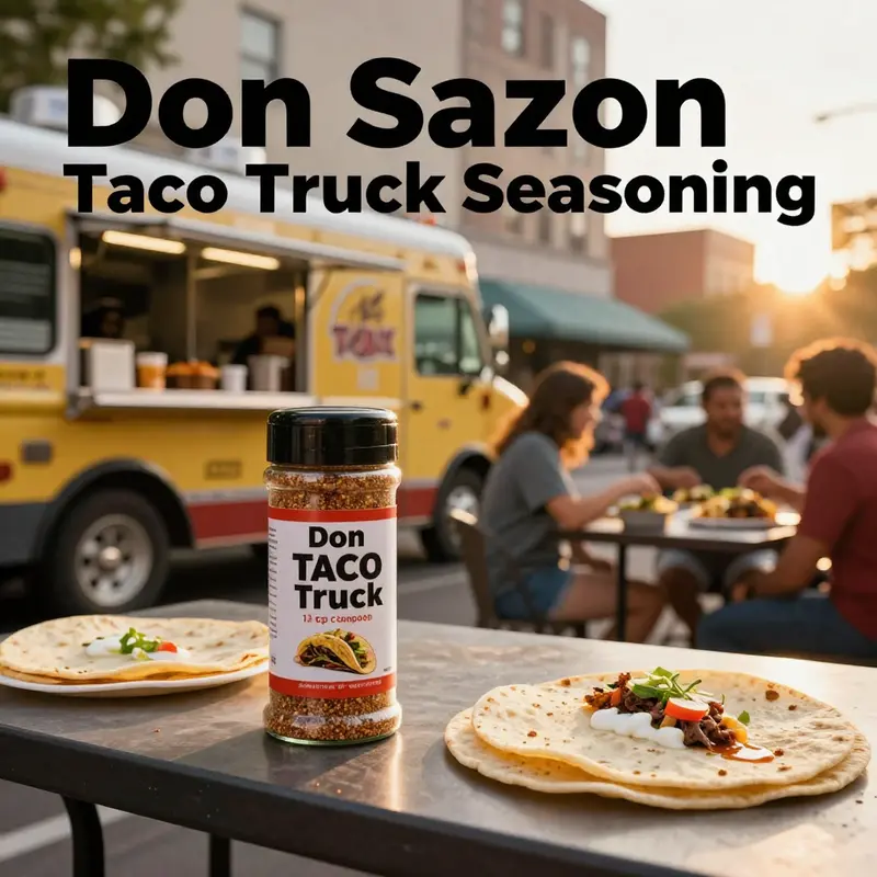 A lively city street food setup with a Don Sazon seasoning canister and tacos, captured in warm, inviting light.