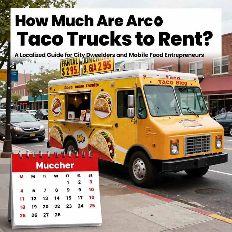 A realistic urban taco truck parked on a street, with pricing elements to symbolize rental planning.