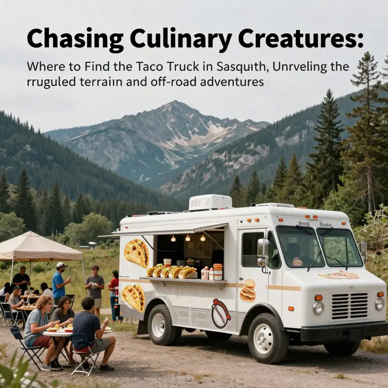 A taco truck in a scenic outdoor location, with people enjoying food amidst nature.