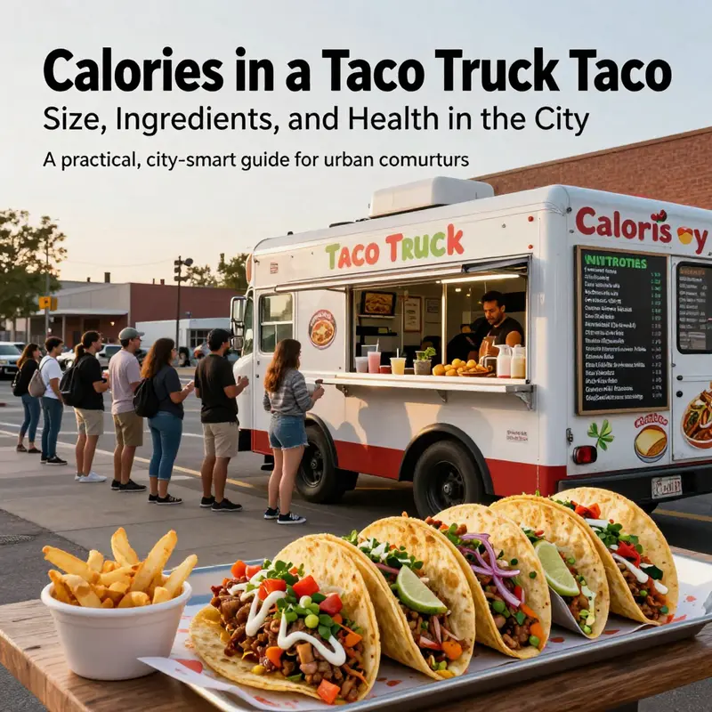 A vibrant city taco truck with a lineup of colorful tacos and a visible nutrition board.