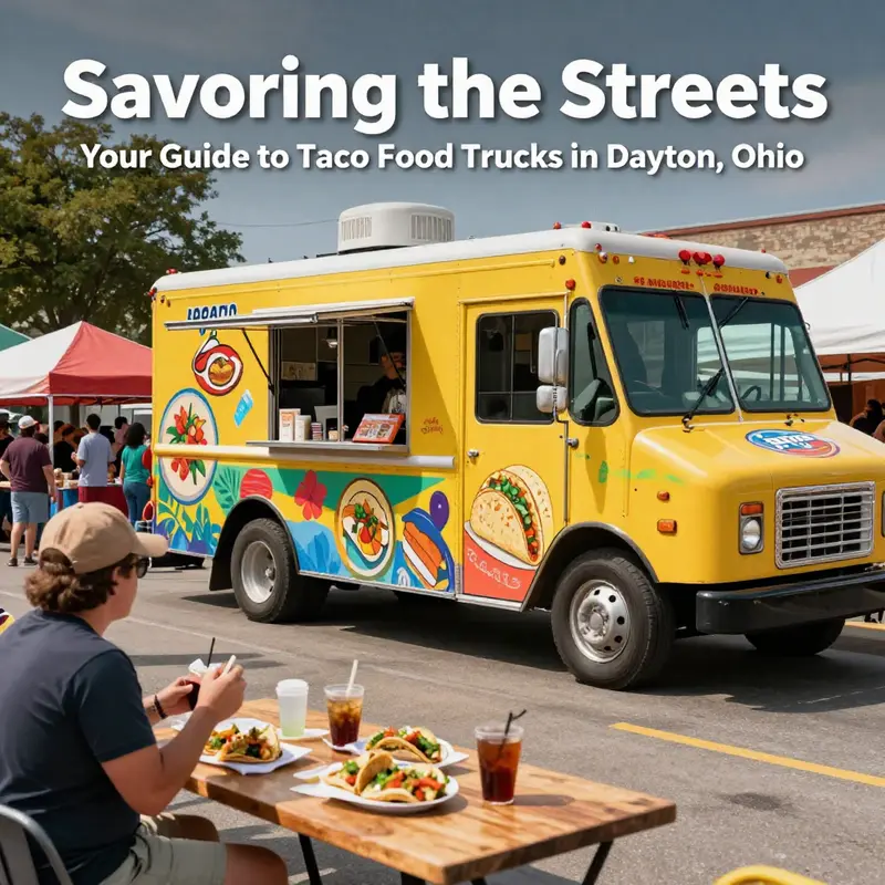Image captures the vibrant atmosphere around a taco food truck, with happy diners in a festive setting.