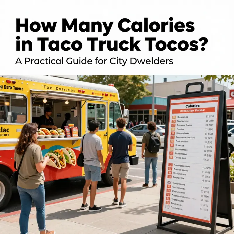 Vibrant taco truck on a city street with a nutrition board highlighting calories per taco.