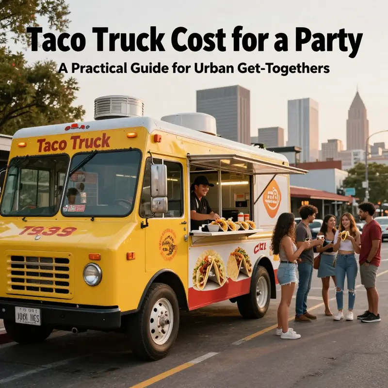 Photo-realistic cover image of a taco truck at golden hour in an urban setting with a smiling owner and guests.