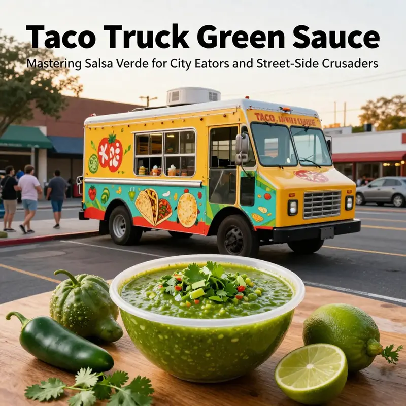 City taco truck scene with a bowl of green salsa verde and fresh ingredients in the foreground.