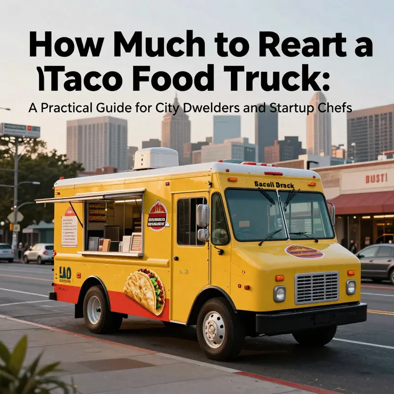 Photo-realistic cover image of a colorful taco food truck in an urban setting during golden hour, illustrating the rental-guidance theme.