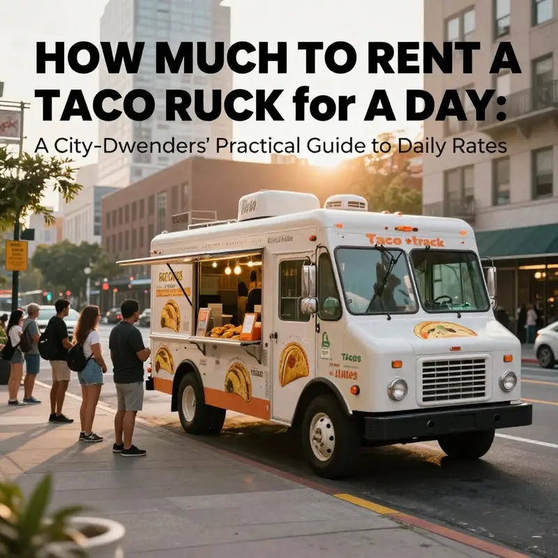 Photo-realistic cover image of a shiny taco truck ready for daily rental on a city street.