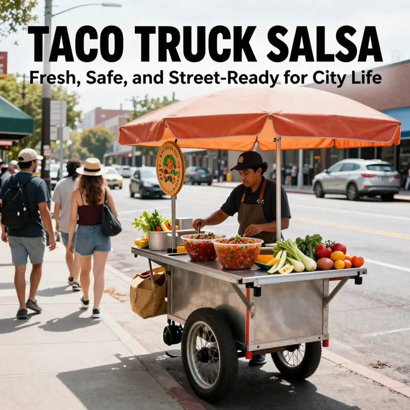 Urban taco truck with fresh salsa fresca bowls and a smiling vendor serving busy city commuters.