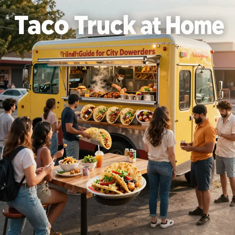 A vibrant taco truck scene in a city setting during golden hour, with people lining up for fresh tacos.