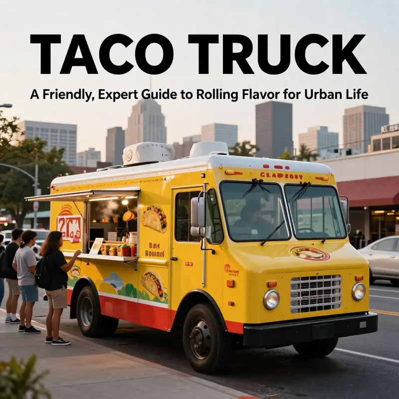 Photorealistic cover image of a taco truck serving urban commuters at sunset.