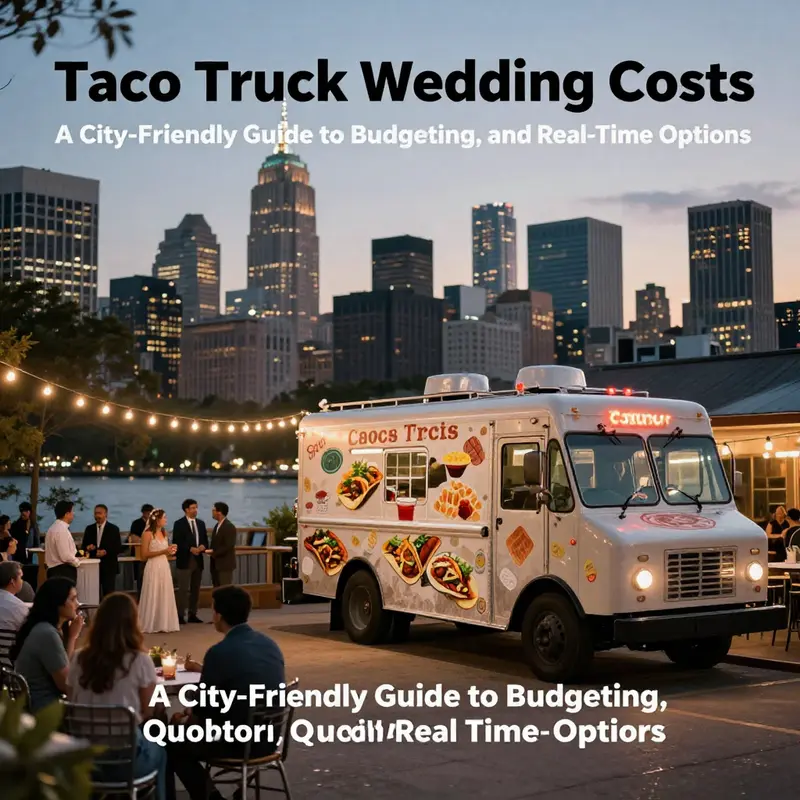 Cover image of a taco truck at an urban wedding venue with lights and guests, illustrating wedding catering costs and planning.