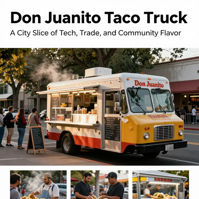 Don Juanito Taco Truck at golden hour with customers, glowing lights, and a chalkboard menu.