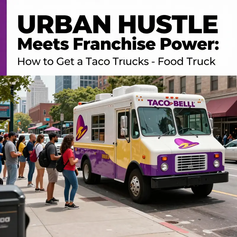 Taco Bell mobile food truck serving customers on a busy city street with tall buildings in the background.