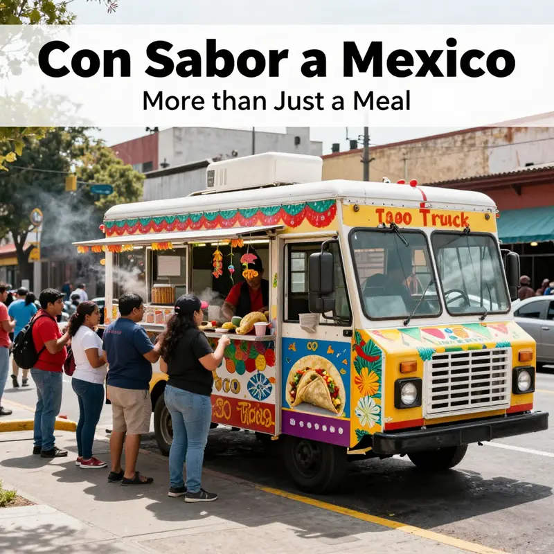 A busy Con Sabor a Mexico Taco Truck attracting a diverse crowd in a vibrant urban setting.