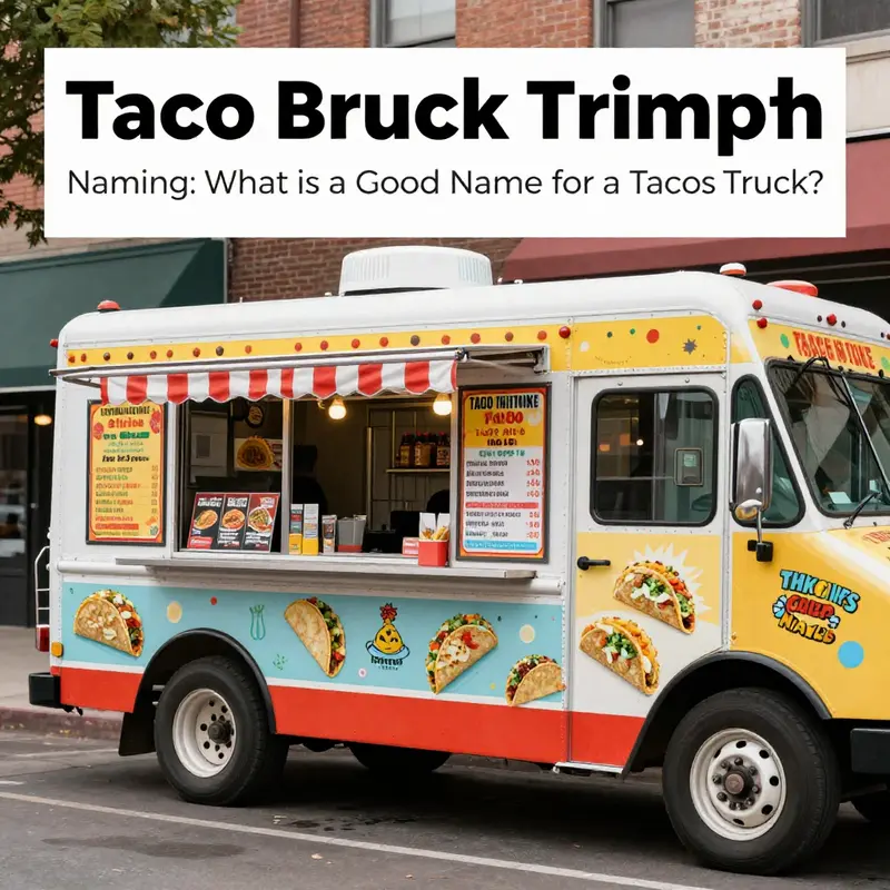 A brightly designed taco truck featuring colorful menu options that reflect creative naming styles.