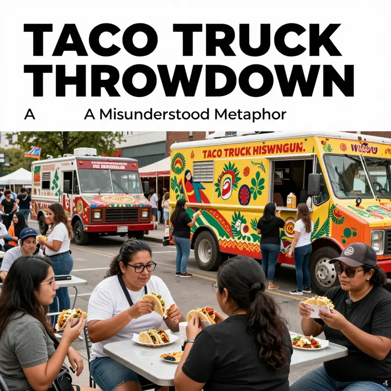 A vibrant urban scene showcasing the cultural climax of taco trucks amidst political discourse.