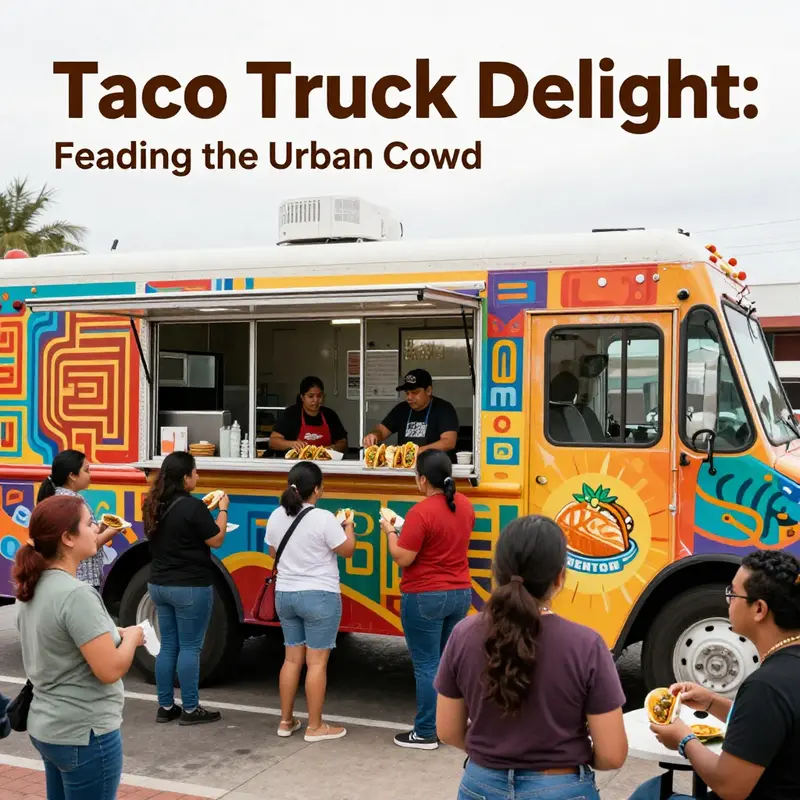 Urban dwellers selecting their favorite tacos and burritos from a vibrant food truck menu.